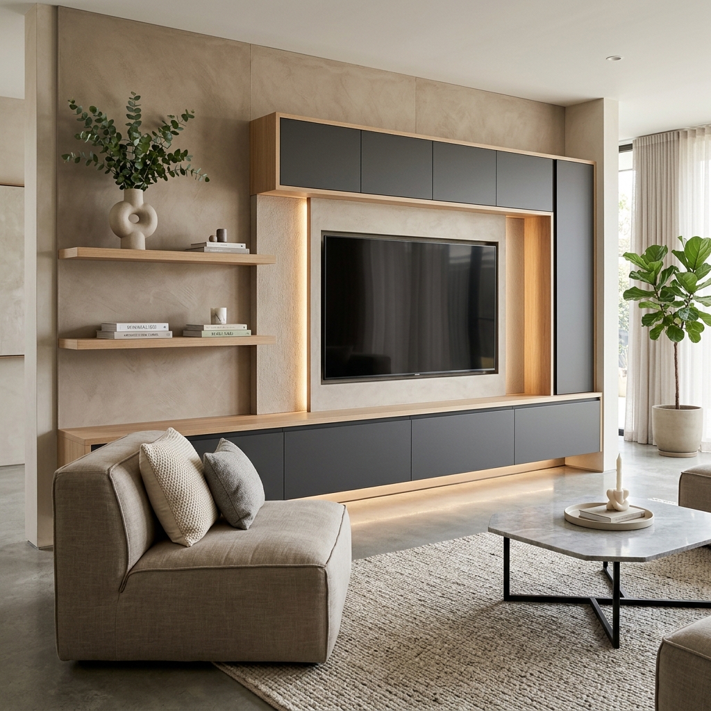 Стеновая ТВ-зона с матовыми фасадами